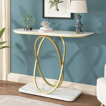 Современные консольные столики для прихожей, Мраморный входной столик с золотыми овальными рамами и мраморным основанием, золотой и белый диванный столик для