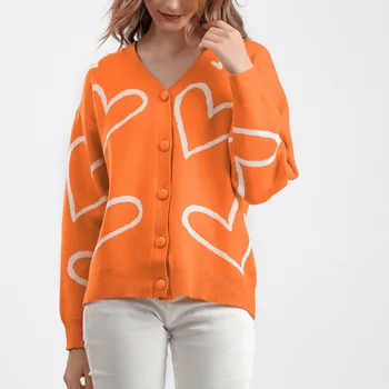 Женская флисовая куртка 2024, Осенняя мода, повседневный теплый свитер с принтом в виде сердца, длинный рукав, открытый спереди, зимний трендовый кардиган