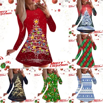 Женское модное повседневное Рождественское платье с длинными рукавами и круглым вырезом с принтом, праздничное Рождественское платье в виде снежинки, платье с V-образным вырезом и карманом