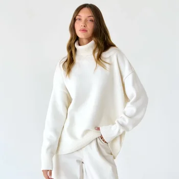 Классический Универсальный однотонный пуловер, свитер с высоким воротом для женщин, осенне-зимние свободные свитера, Корейские модные пуловеры