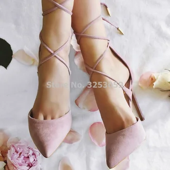 Женские изысканные розовые замшевые туфли-лодочки с острым носком на шпильке с перекрестными ремешками и шнуровкой, вечерние туфли, приталенные туфли для выпускного вечера, прямая поставка