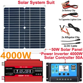 Комплект Солнечной энергетической системы 4000 Вт Модифицированный Синусоидальный Автомобильный Инвертор 12 В до 110/220 В + Солнечная Панель 50 Вт/18 В + Солнечный контроллер 50A