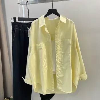 Хлопковая желтая рубашка Женская с длинным рукавом Свободная Повседневная Белая рубашка с карманом средней длины и отворотом Весенне-осенний Новый стиль