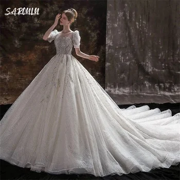 Романтическое свадебное платье с круглым вырезом, расшитое бисером, Роскошные аппликации, Свадебное платье длиной до пола, Элегантное Vestidos De Novia